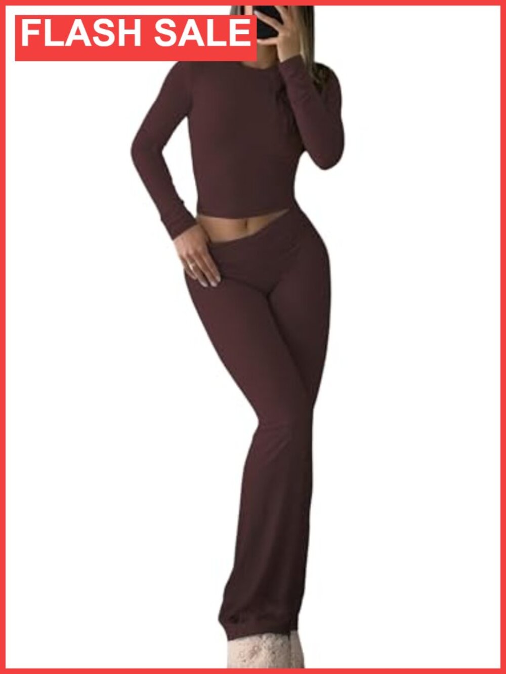 Y2K 2 Piece Lounge Set Crop Top Flare Pants Soft Knit Tummy Control